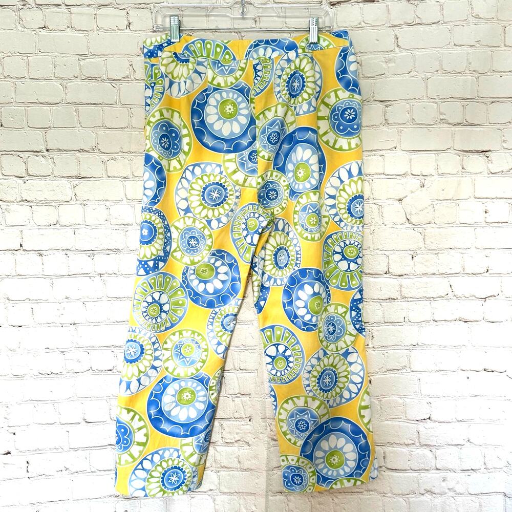 VTG Talbots Wms 14 Yellow Blue Cropped Pants High Rise Artsy Dopamine Dressing - Picture 2 of 9